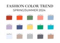 Fashion Color Trend Spring - Summer 2024. Trendy colors palette guide. Fabric swatches with color names. Easy to edit