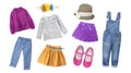 Fashion  colorful child girl`s clothing,bright collection of kid`s apparel,baby garment set,collage of clothes isolated Royalty Free Stock Photo