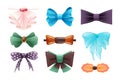 Fashion colorful tie bow accessories cartoon with tied ribbons for Christmas invitation. Color silk bow for lady and gentleman for