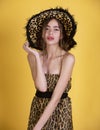Fashion concept. Animal print dress. Woman in leopard clothes.