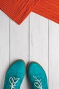 Fashion concept, top view. Casual lifestyle in autumn. Flat Lay. Green women shoes and red knitted sweater on white wood backgroun