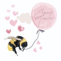 Fashion conceptual illustration with bumblebee holding pink balloon, expect miracle ideal for card, greeting designs, prints,