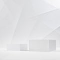 Fashion contemporary scene - two white square podiums mockup in hard light in white interior with lines, angles abstract geometric