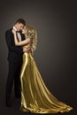 Fashion Couple Beauty Portrait, Kissing Man and Woman, Gold Dress