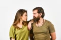 Fashion couple in love. mature brutal hipster embrace pretty woman. sexy girl with handsome bearded man. hair beauty Royalty Free Stock Photo