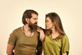 Fashion couple in love. mature brutal hipster embrace pretty woman. sexy girl with handsome bearded man. hair beauty Royalty Free Stock Photo