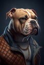 Fashion creative portrait of bulldog dog wearing casual clothes , generative AI