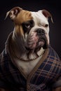 Fashion creative portrait of bulldog dog wearing casual clothes , generative AI