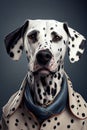 Fashion creative portrait of dalmatian dog wearing elegant clothes , generative AI