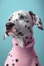 Fashion creative portrait of dalmatian dog wearing elegant clothes , pastel colors, generative AI