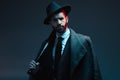 Fashion, criminal and face of man with bat for vintage, retro and Victorian gangster on dark background. Crime aesthetic