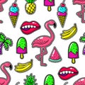 Fashion cute patch set or fabric pins for girls with ice cream and pineapple, watermelon palm tree elements