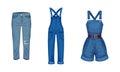 Fashion denim clothes set. Trendy female jeans, overalls, jumpsuit vector illustration