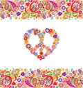 Fashion design with colorful floral summery seamless border and hippie peace flowers symbol for shirt print and party poster