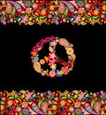 Fashion design with colorful floral summery seamless border and hippie peace symbol for shirt print and party poster on black back