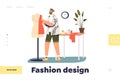 Fashion design concept of landing page with designer work with fabric and mannequin in studio