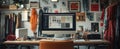 Fashion design workspace with computer monitor in creative studio filled with fabrics and patterns