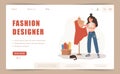 Fashion designer landing page or web banner template. Woman seamstress at mannequin takes measurements. Dressmaker or