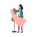 Fashion designer trying on fabric on a mannequin. Flat vector illustration. Woman holds in her hands a cut of textile for tailorin Royalty Free Stock Photo