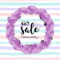 Fashion discount poster, Summer sale banner. Trendy wreath flowers, striped background, place for text. Vector