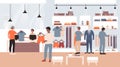 Fashion discount sales in clothing shop flat vector illustration, cartoon man shopaholic buyer characters shopping