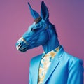 Fashion donkey in suit. Blue on purple portrait. Generative AI