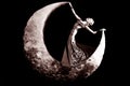 Fashion Dream. Beautiful Retro Young Woman Posing On Moon In Evening Elegant Dress.