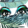 Fashion elegant vector green blue eyes and tropical palm leaves.