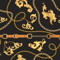 Fashion Fabric Seamless Pattern with Golden Chains, Belts and Straps. Luxury Baroque Background Fashion Design Jewelry Elements Royalty Free Stock Photo