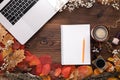 Fashion female accessories Set. autumn leaves, paper notebook and laptop Royalty Free Stock Photo