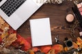 Fashion female accessories Set. autumn leaves, paper notebook and laptop Royalty Free Stock Photo