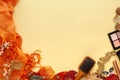Fashion female accessories Set. autumn leaves, sunglasses, perfume and cosmetics Royalty Free Stock Photo