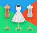 Fashion Female dress mockup and mannequins collection. White Dress with puffy skirt with pleats. Realistic 3d object. White, gray