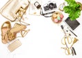 Fashion flat lay bloggers social media. Feminine accessories bag Royalty Free Stock Photo