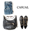 Fashion flat lay website social media Casual clothing jeans bag