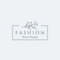 Fashion Flowers Boutique Abstract Vector Sign, Symbol or Logo Template. Retro Lilly Illustration with Classy Typography Royalty Free Stock Photo