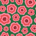 Unique pink liquid flowers on green seamless pattern