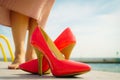 Red high heel classic shoes outdoor Royalty Free Stock Photo