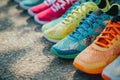 Fashion-Forward Badminton Shoes Display with Unique Patterns on Textured Concrete Surface