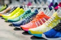 Fashion-Forward Badminton Shoes Display with Unique Patterns on Textured Concrete Surface