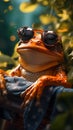 A fashion-forward frog donning sunglasses, chilling amidst lush greenery