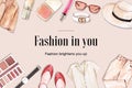 Fashion frame design with outfit, cosmetics watercolor illustration