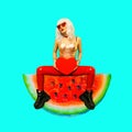 Freak girl sitting on a watermelon. Funny collage. Lover St. Valentine`s Day concept