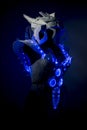 fashion galaxy, robotic spacesuit with blue lights and transparent sheets, futuristic armor Royalty Free Stock Photo