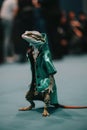 A fashion gecko or lizard dressed in a green raincoat at fashion podium. AI generative image.