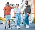 Fashion, Gen Z and skater friends portrait in road for hangout in Los Angeles neighbourhood. Skateboard, bike and