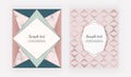 Fashion geometric covers design. Pink triangular shapes with rose gold foil texture. Template for card, flyer, placard, party, soc