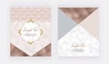Fashion geometric design with pastel pink, copper foil triangles shapes and golden lines. Trendy templates for wedding invitation,