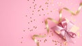 Fashion gift box with pink ribbon bow, golden streamer and confetti star on pink background top view. Flat lay composition for Royalty Free Stock Photo