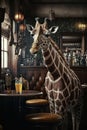 Fashion giraffe sitting at the bar, cinematic, photography, extreme realism